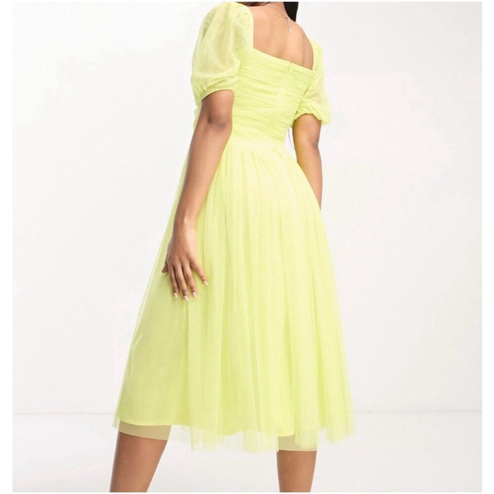 Anaya cut-out puff sleeve women midi dress in light yellow green size 10 - Picture 2 of 13